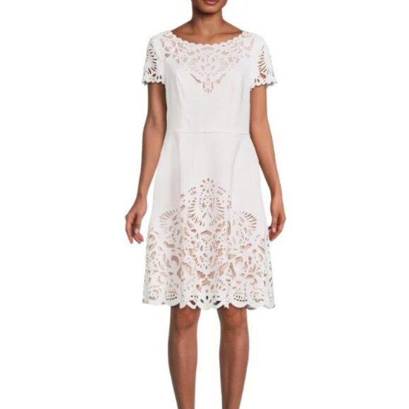FOCUS BY SHANI LASER CUT FIT & FLARE WHITE/NUDE DRESS sz 16 - Picture 1 of 4